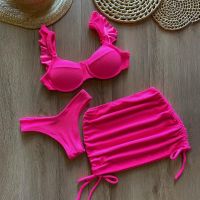 Solid Wavy Fabric Low Waist Bikini Set Cover Up Swimsuit For Women Push Up Ruffle Three Pieces Swimwear 2023 Beach Bathing Suits