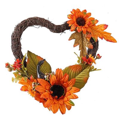 Artificial Fall Wreath for Front Door Porch, Autumn Wreath with Heart Shaped Sunflower Pumpkin Gourd Maple Leaves