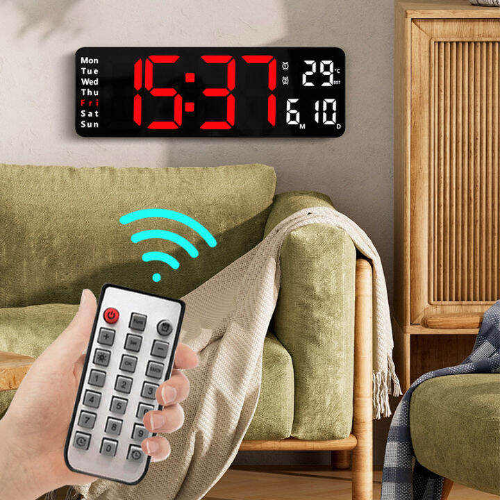 Wallmounted Digital Wall Clock Remote Control Temp Date Week Display