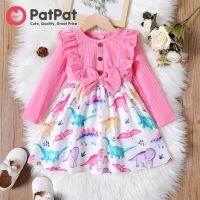 PatPat Toddler เด็กวัยหัดเดินสาวไดโนเสาร์พิมพ์ Splice Ruffled Bowknot ออกแบบชุดแขนยาว