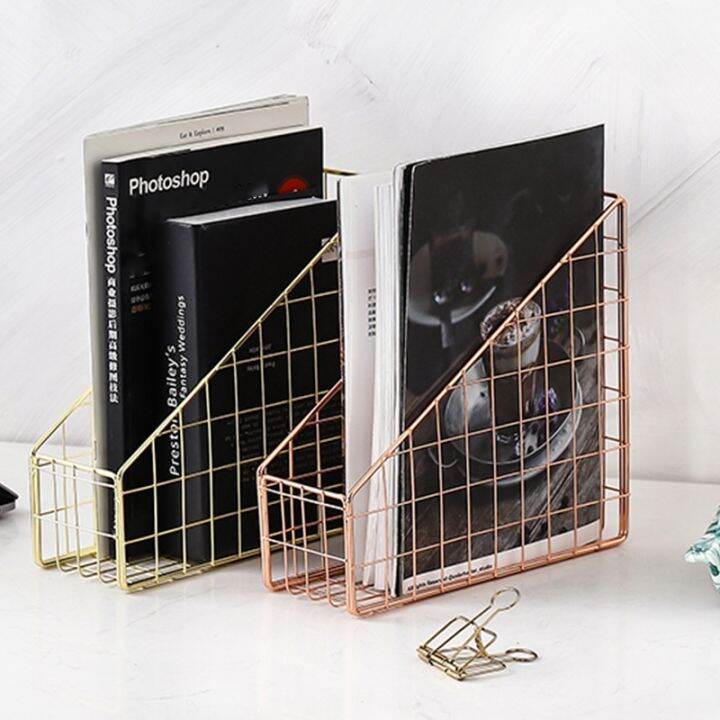 3x-rose-gold-electroplated-iron-book-holder-desktop-shelf-file-magazine-book-stand-office-home-stationery-holder