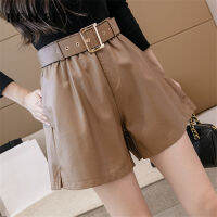 REALEFT 2021 New Winter PU Leather Womens Shorts With Belt Stylish OL High Waist Pockets Casual Wide Legged Trousers Female