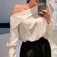 ZCSMLL Korea Chic Autumn Temperament Oblique Collar, Loose Shoulders, Loose and Versatile ButtonsLong-sleeved Shirt Top Women