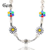 [COD] Hip-hop new daisy smiling face sunflower pearl necklace personality trendy brand splicing adjustable male and female clavicle chain