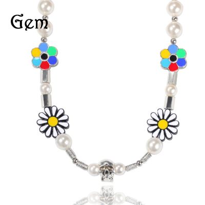 [COD] Hip-hop new daisy smiling face sunflower pearl necklace personality trendy brand splicing adjustable male and female clavicle chain