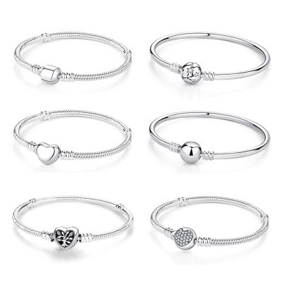 Silver Color Charm Bead Bracelet For Women Original Charms Heart Family Ball Star Bracelets Bangles Snake Chain Diy Jewelry