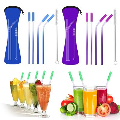 ✷∋✢ Stainless Steel Gradient Color Straw With Anti-Scratch Silicone Head Metal Reusable Eco-Friendly Drinking Straw Party Bar Supply