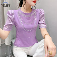 YIMEI เสื้อยืดแขนพองหน้าปลอมสำหรับผู้หญิง,2023ฤดูใบไม้ผลิ/ฤดูร้อนใหม่เสื้อแฟชั่นประดับเพชรร้อนแรงอเนกประสงค์ของผู้หญิงผ้าคอตตอนสีม่วง