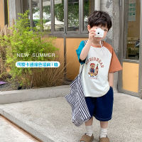 Childrens 2023 Summer Cute Letters Cartoon Raglan Short Sleeve T-Shirt Boys And Girls Baby Contrast Color Stitching Top Tide