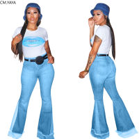 CM.YAYA Summer Denim Pants Women Retro Solid Sexy Wide Leg Jeans Ripped Flare Trousers Street Skinny High Waist Lady Pants