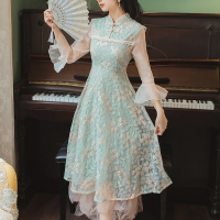 【CW】Cheongsam Embroidery Dresse Women Lace Patchwork Party Vintage Long Dress French R Qipao Dress Casual For Girl Elegant 2022