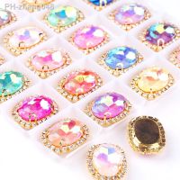 Jelly candy AB colors Oval shape Glass crystal with rhinestone chain in gold metal claw settings Sew on beads diy trim