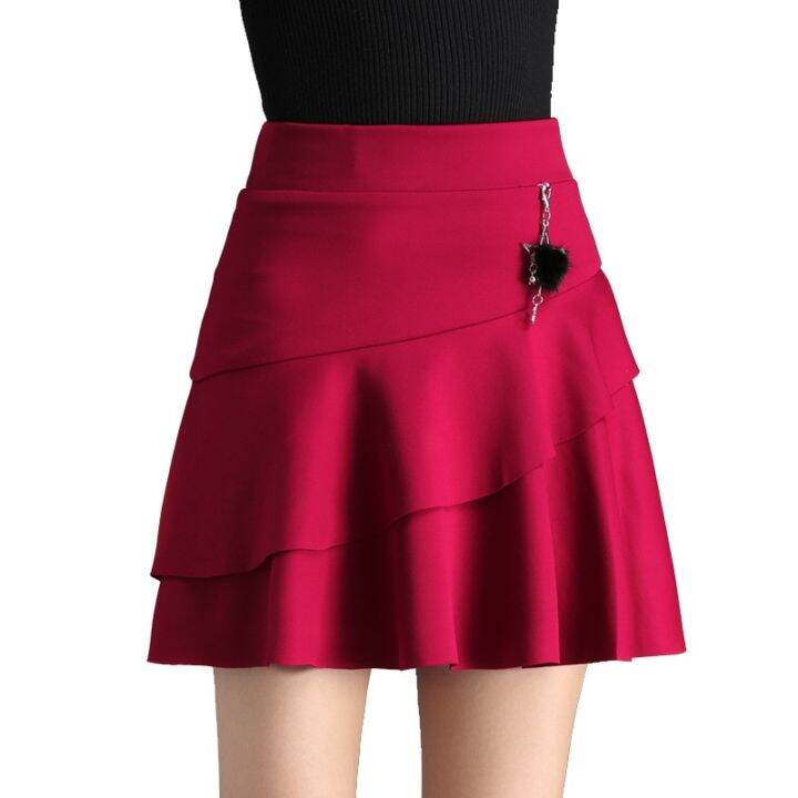 red-korean-style-short-hip-skirt-womens-knitted-skirt-urban-commuter-ol-style-high-waist-ruffled-chic-fishtail-skirt