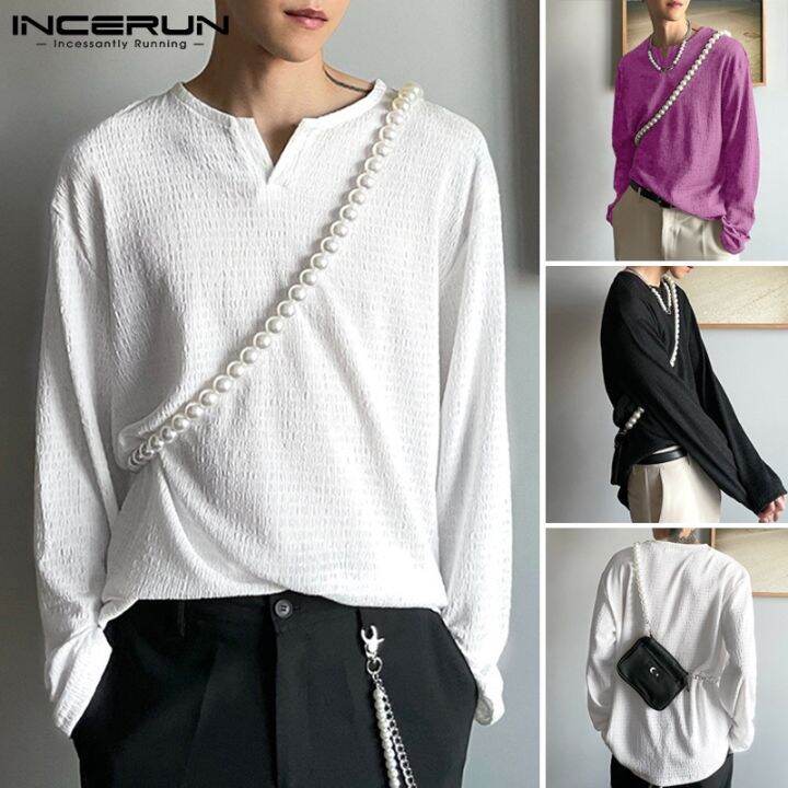 incerun-เสื้อท็อปคอวีแขนยาวสีพื้นสไตล์เกาหลีสําหรับผู้ชาย