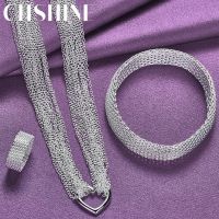 【lz】✑  CHSHINE 925 Sterling Silver Woven Bangle Pulseira Anel Colar Jóias Set Moda Charme Presente