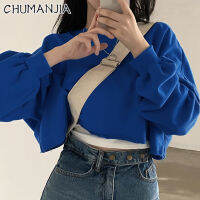 CHUMANJIA เสื้อครอปผู้หญิง,สีทึบเสื้อฮู้ดแบบสั้นเกาหลีใต้ทรงหลวมคอกลมแฟชั่นของผู้หญิงเสื้อสตรี