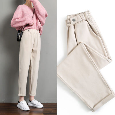 Women Woolen Pants Autumn Winter 2021 New Casual Solid Elastic Waist Harem pants full length Trousers S-XXL