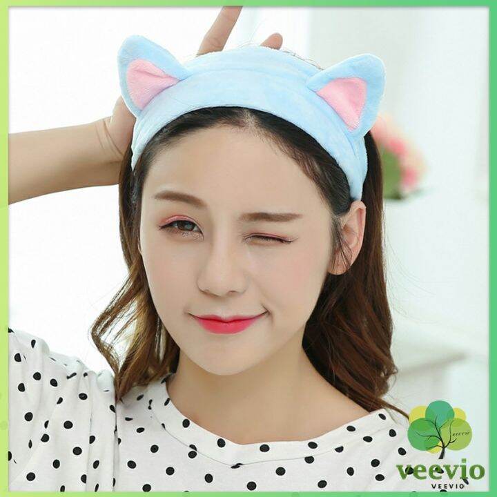 veevio-ที่คาดผมมล้างหน้า-ที่คาดผมแต่งหน้า-ที่คาดผมน่ารัก-ยางรัดผมหูแมว-korean-cat-ear-headband