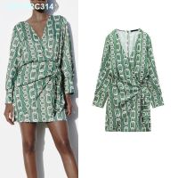 ZARAˉ Spring New Retro Accept Waist Show Thin Double Breasted V-Neck Short Chain Print Dress 2776140