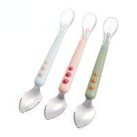 Double Sided Baby Food Feeding Spoon Stainless Steel Scraper No BPA Silicone Soft Spoon Infant Utensils Children Toddler Cutlery Bowl Fork Spoon Sets