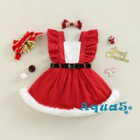 AQQ-Toddler Kids Girls Christmas Dress Contrast Color Ruffles Sleeveless Plush Trim Hem Dress with Belt and Hairpin