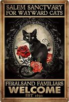 Vintage Witch Cat ป้ายโลหะดีบุก Wall Decor Retro Black Cat Witchy Art ป้ายสำหรับตกแต่งบ้านของขวัญ8X12นิ้ว