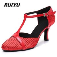 Latin Dance Shoes Women Salsa Tango Ballroom Party Sneakers Red Satin Rhinestone Heels New Style Girls Wedding Shoes