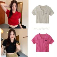 Ey official 3239 พร้อมส่งเสื้อครอปแขนสั้นคอปกไหมพรมนิ่มถักลายนูนแต่งกระดุม3เม็ดเหมาะกับสาวไซส์