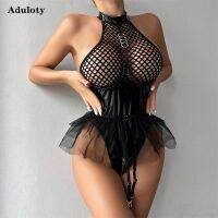 Aduloty Patent Leather Mesh Splicing Neck Poncho Skirt Garter Bodysuit Perspective Set