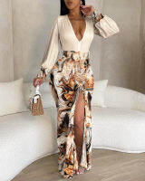 Marble Print Plunge High Slit Drawstring Maxi Dress Chic Fashion Summer Daily Long Sleeve V-Neck Form-Fitting Casual