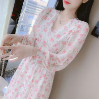 Spot parcel post2023 Spring and Autumn New French Style V Collar Floral Chiffon Dress Waist-Tight Slimming Youthful-Looking Lady Dress for Women