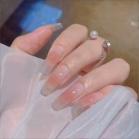 24pcs French Fake Nails Short Art Nail Tips Press Stick on False with Designs Full Cover Artificial Pink Wearable Clear Tips