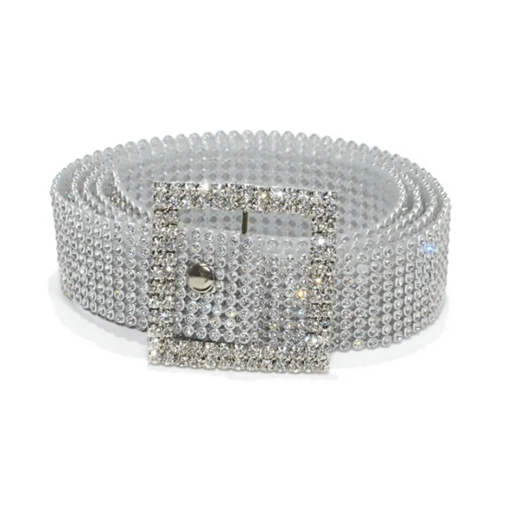 Women Rhnestone Glitter Wide Waist Belt with Buckle 9 Rows Shiny
