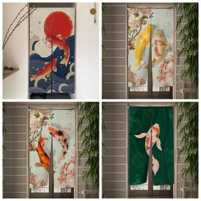 Koi Fish Japanese Door Curtain Dining Room Door Decor Linen Curtain Drape Kitchen Entrance Hanging Half-Curtain