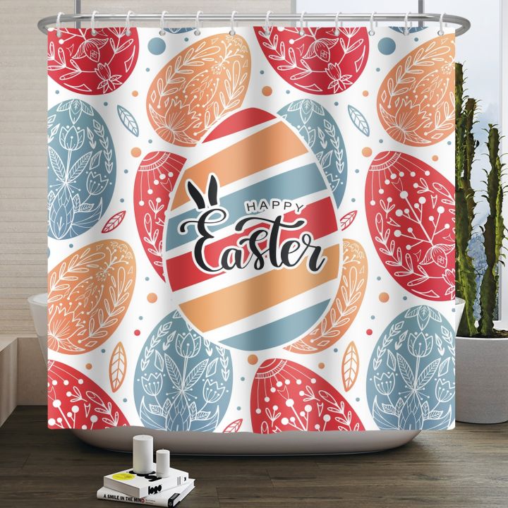 bunny-easter-shower-curtain-rabbit-colorful-egg-flower-wood-cross-backdrop-bathroom-decor-washable-fabric-curtains-with-hooks