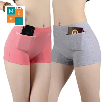 Women Soft Cotton Briefs Underwear With Zipper Pocket Solid