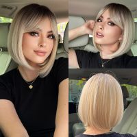 Blonde Ombre Short Straight Synthetic Wigs with Bangs for Use Resistant Hair