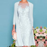 【YF】 Paffas Blue Chiffon Elegant Mother Of The Bride Dress with Jacket 3/4 Sleeve Lace Applique Wedding Guest Gowns