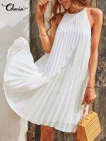 【CC】 2023 Oversize Pleated A-line Sundress O Neck Sleeveless Short Robes