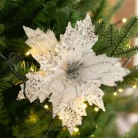 【YF】◊◄  1pc Poinsettia Glitter Artificial Flowers Heads Xmas Ornaments New Year 2023 Navidad