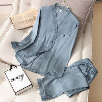 JULYS SONG New Stain Lace Woman Pajamas Set Pieces Spring Autumn Sleepwear Elegant Solid Color V-neck Ice Silk Homewear