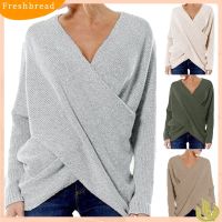 ✺✜♦ ❀FR❀Solid Color Women Fashion V Neck Cross Front Irregular Hem Sweater Loose Jumper a