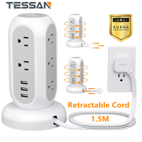 TESSAN Ultra Slim Telescopic Extension Wire 1.5M อุปกรณ์ป้องกันไฟกระชาก ปลั๊กไฟสายไฟแบบแบน ปลั๊กไฟ 11 ช่องพร้อมสถานีชาร์จ USB 3 ช่อง 1050J เครื่องใช้สำนักงาน อุปกรณ์โต๊ะทำงาน สิ่งจำเป็นสำหรับหอพัก