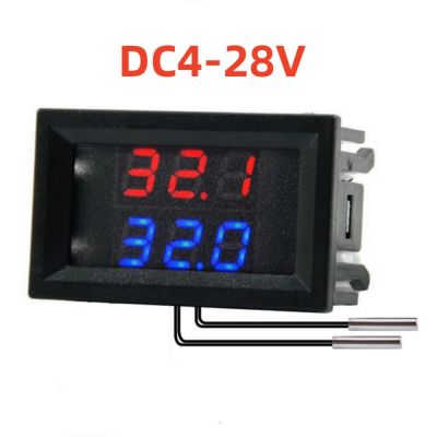 เครื่องวัดอุณหภูมิในเซ็นเซอร์อุณหภูมิดิจิตอลสำหรับจอแสดงผลแอลอีดี Dc 4-28V เครื่องวัดอุณหภูมิดิจิทัลคู่สีแดงสีน้ำเงินพร้อมสายหัววัดคู่ Ntc
