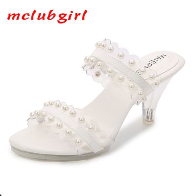MCUBLGIRL รองเท้าแตะแฟชั่นใสประดับคริสตัลรองเท้าส้นสูงตันสำหรับผู้หญิงส้นสูง7ซม. ส้นสูง1ซม. WZ