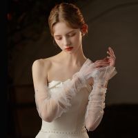 ۞ Long Wedding Gloves Fingerless Illusion Bridal Glove With Pearl Simple Sweet Women Luvas Noiva New Wedding Accessories