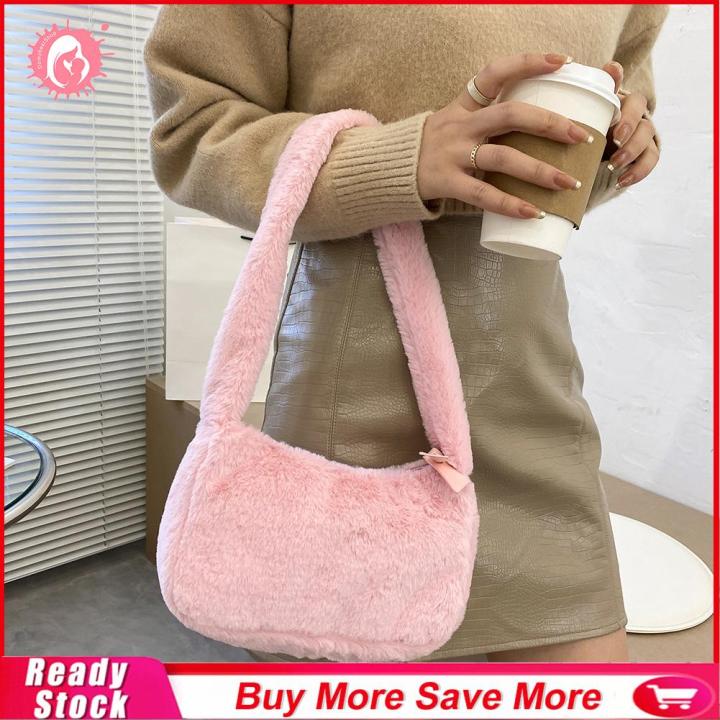 กระเป๋าเงินกระเป๋าแบบหนีบแขนตุ๊กตาสีทึบสำหรับผู้หญิงกระเป๋าถือสะพายไหล่ย้อนยุค-สีชมพู