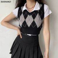 DUOHANZI Retro Contrast สีเพชรถักเสื้อกั๊ก Waistcoat ผู้หญิง Preppy V คอแขนกุด Top