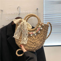 Bow Small Flower Rattan Handbags Womens New Fashion Rattan Beach Shoulder Bag Straw Handbag