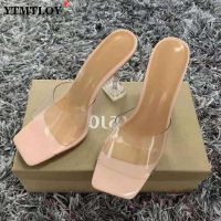 {shoe shop} รองเท้าแตะ PVC ใสส้นสูงหัวแหลมสำหรับผู้หญิงแก้วคริสตัลรองเท้าส้นเข็มเซ็กซี่รองเท้าส้นสูงรองเท้าฤดูร้อนเปิดนิ้วเท้าปั๊มผู้หญิงขนาด43